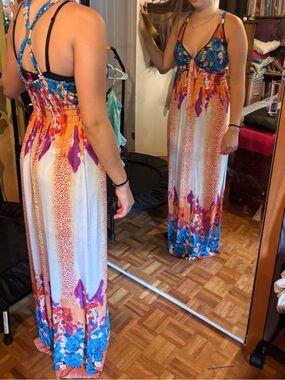 Boho Floral Orange-Blue Maxi Dress with Smocked Waist